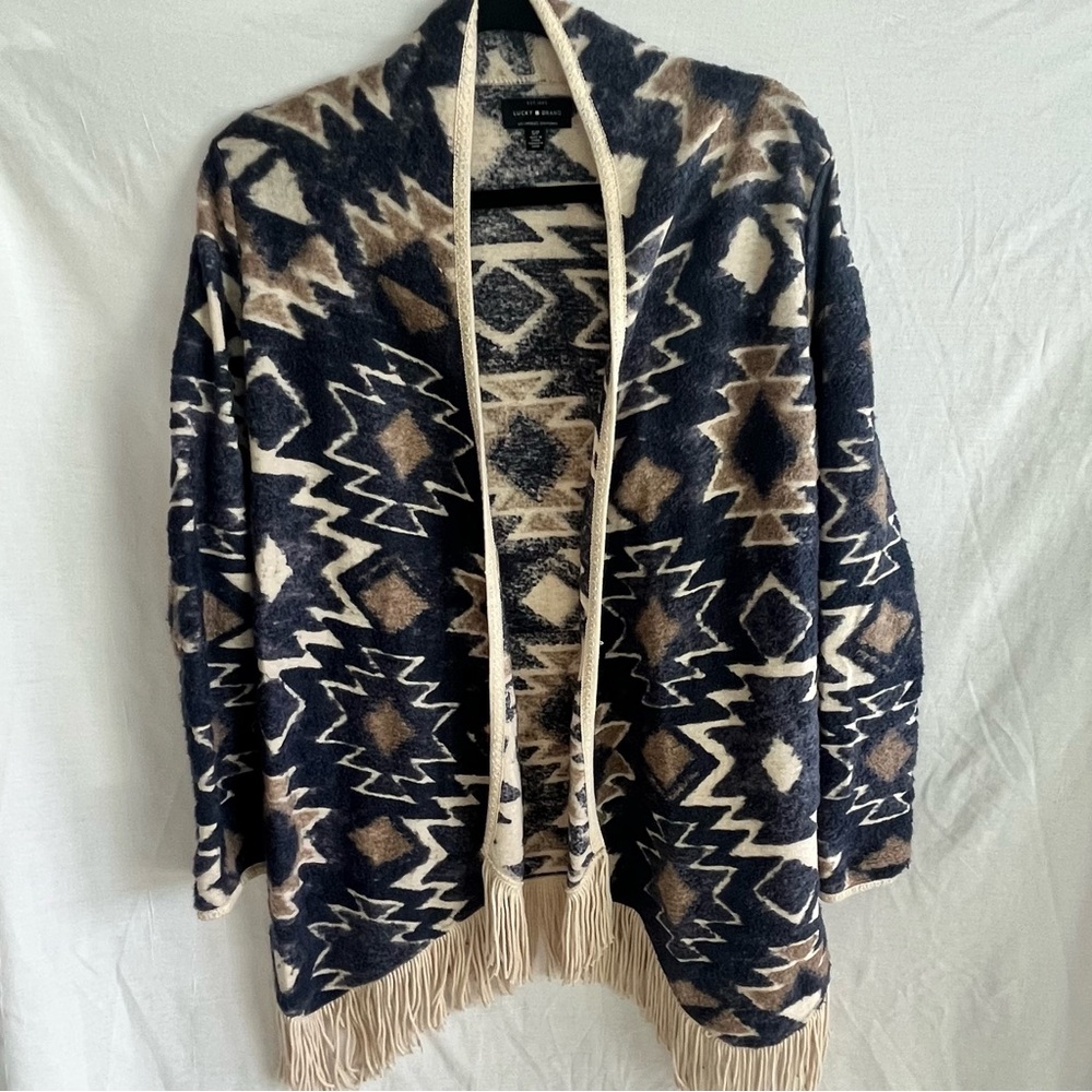 Lucky Brand Aztec Boho Fringe Open Cardigan Western Cowgirl Size:Small/Petite